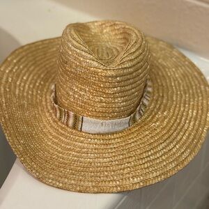 Stylish Tan Straw Hat with White and Brown Band